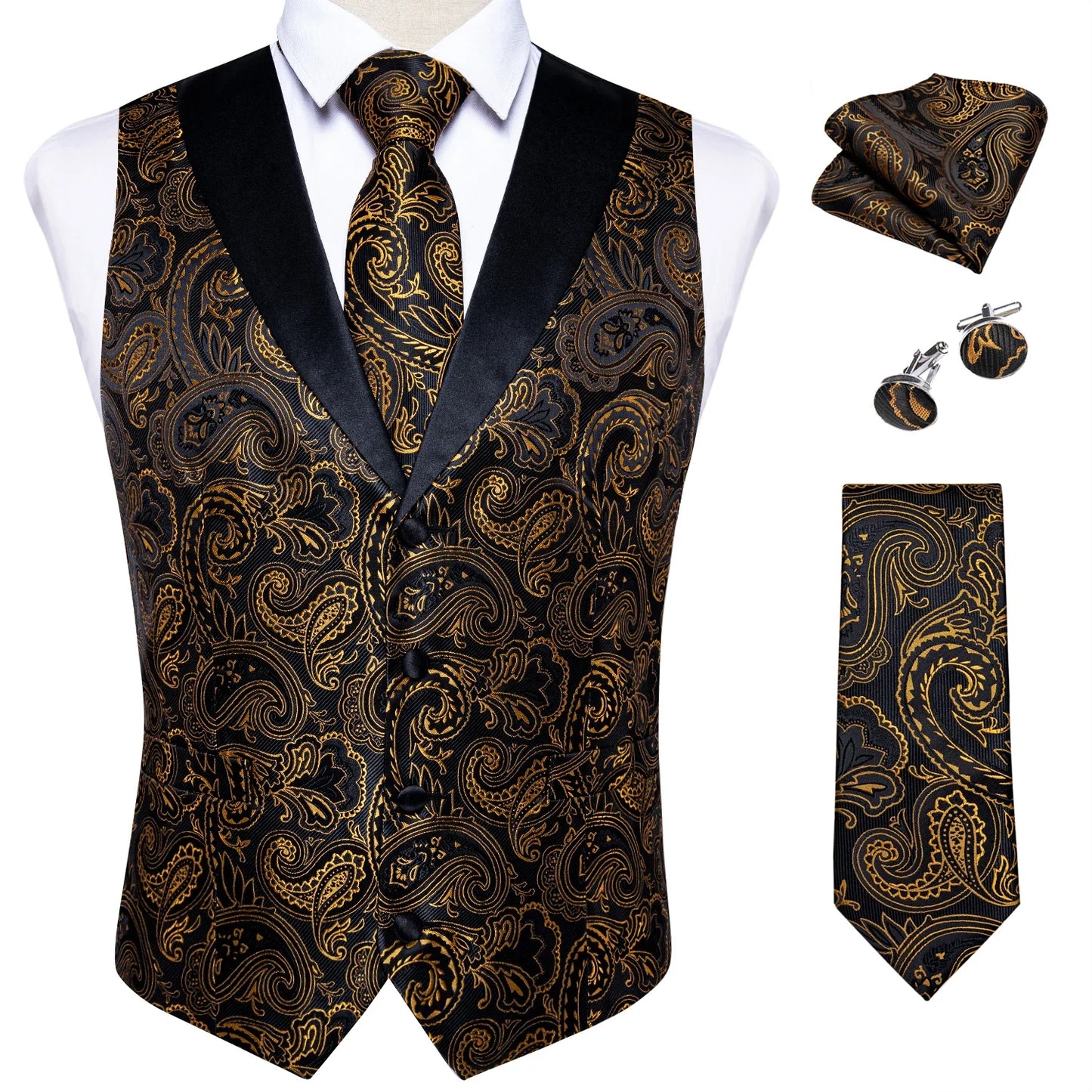 Men's Paisley  Suit Vest with Macthing Golden Paisley Neck Tie Handkerchief Cufflinks Wedding Prom Tuxedo Waistcoat