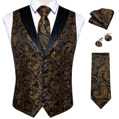 Men's Paisley  Suit Vest with Macthing Golden Paisley Neck Tie Handkerchief Cufflinks Wedding Prom Tuxedo Waistcoat