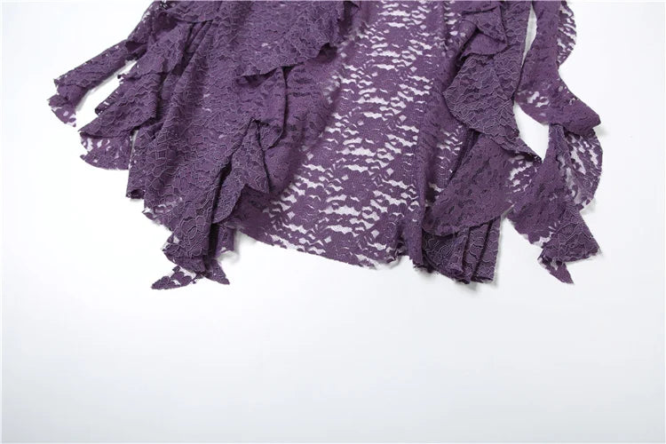 Women Tassel Skirt Irregular Hem Multi Layered Ruffles Lace Patchwork Sweet Summer Daily Wear Skinny Versatile Purple Skirt