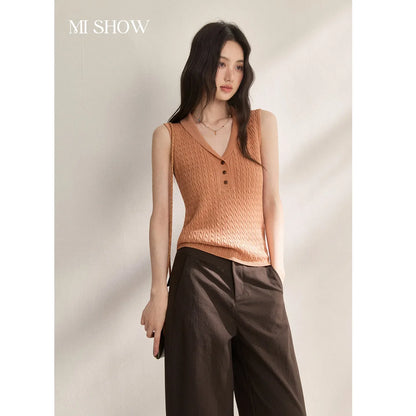 Women Cable Knit V-Neck Henley Tank Top Sleeveless Slim Knit Vest, Casual Basic Solid Tops for Spring Summer MXF25Z3115