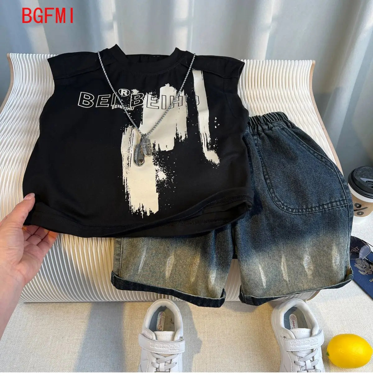 Korean Children's Summer Clothes Kids Set Outfits Boys 2026 Handsome Sleeveless&Short Sleeved T-shirt Denim Shorts 2-piece Set