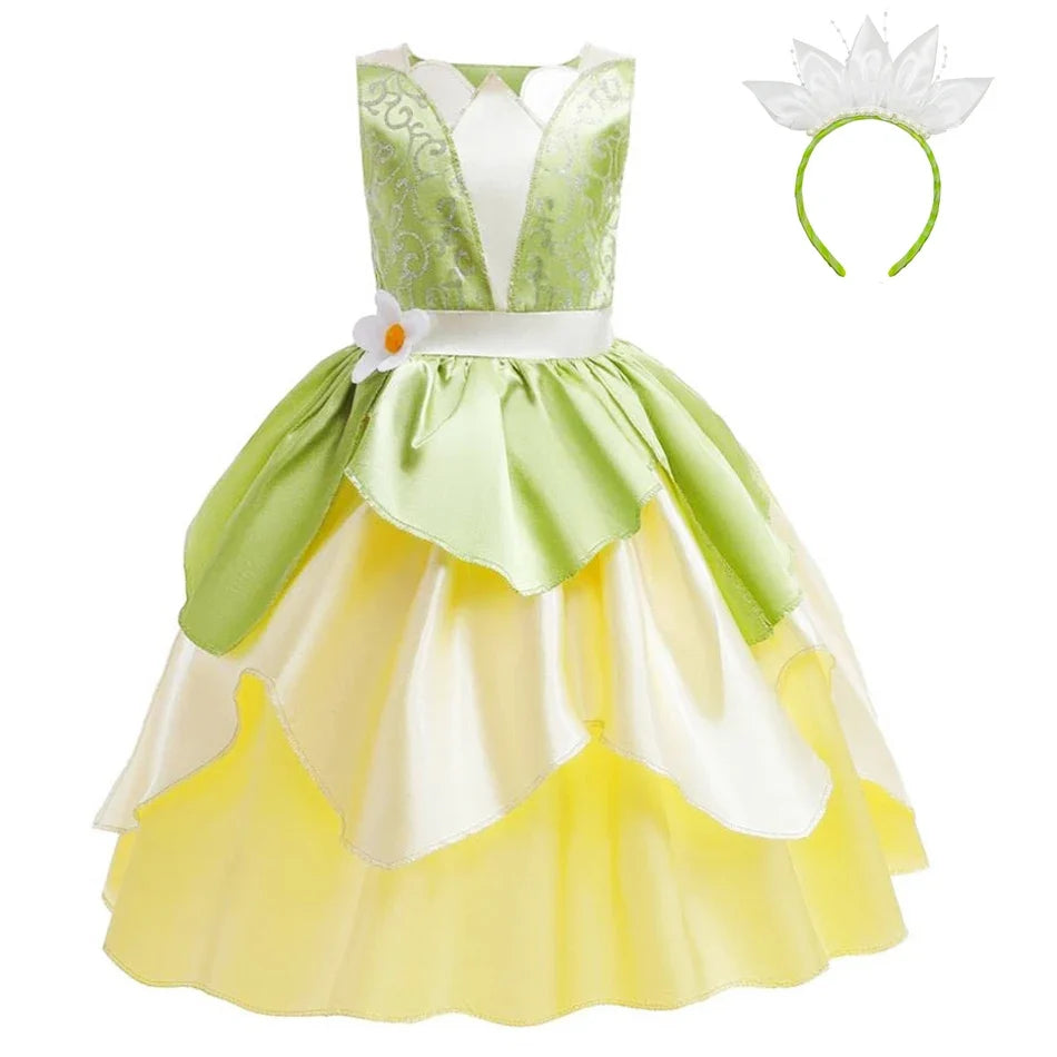Tiana Costume Girl Dress Up Princess Girls Cosplay Role Playing Party Costumes Children Sleeveless Carnival Princess  Dresses