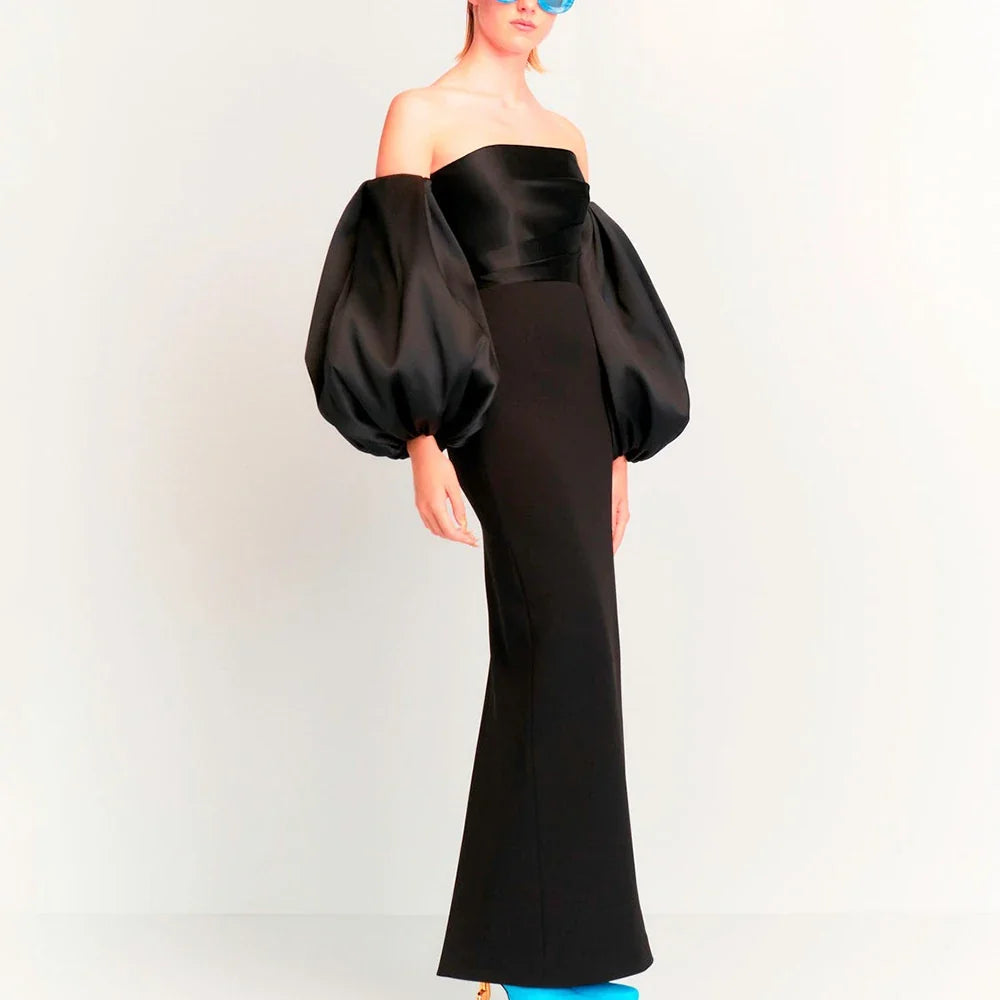 Simple Strapless Evening Dress Off the Shoulder Puff Three Quarter Floor Length Back Slit Women Backless with Zipper Gowns