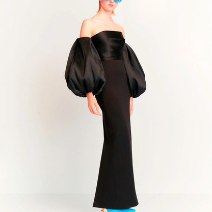 Simple Strapless Evening Dress Off the Shoulder Puff Three Quarter Floor Length Back Slit Women Backless with Zipper Gowns