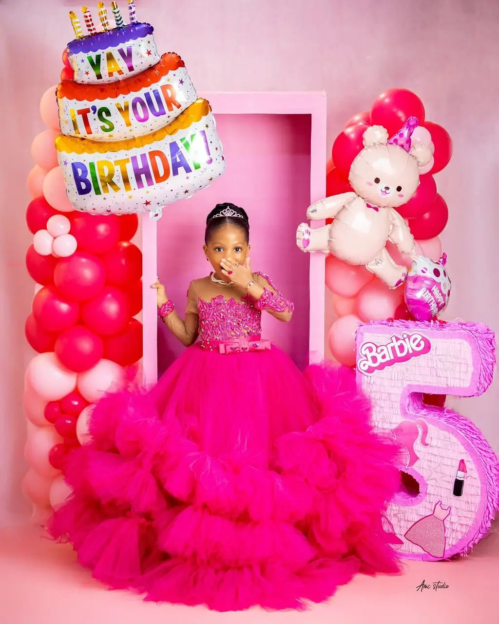 Fuchsia Princess Girls Birthday Party Dress Tiered Ruffles Long Sleeve Flower Girl Dresses for Wedding Kids Prom Gown Customized