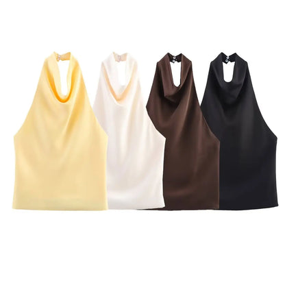 Spring Elegant Women Satin Halter Tops 2026 Summer Backless Off Shoulder Corset Vest Female Fashion Slim Crop Tank Top