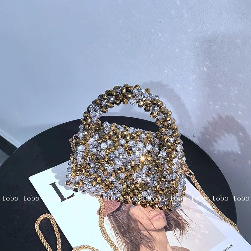 Crystal Bling Handmade Party Lunch Bags Unique Shiny Women's Handbag 2023 Trendy Female Sliver and Golden Long Belt Wallet