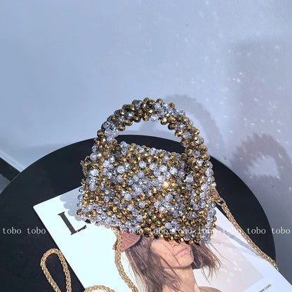 Crystal Bling Handmade Party Lunch Bags Unique Shiny Women's Handbag 2023 Trendy Female Sliver and Golden Long Belt Wallet