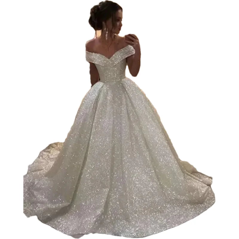 Customized White A Line Elegant Sexy Wedding Party Dress Off The Shoulder Shining Tulle Bridal Special Occasion Dress for Woman
