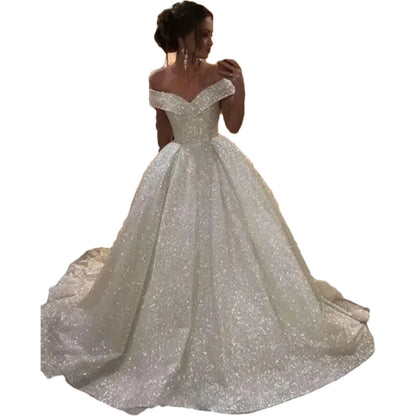Customized White A Line Elegant Sexy Wedding Party Dress Off The Shoulder Shining Tulle Bridal Special Occasion Dress for Woman