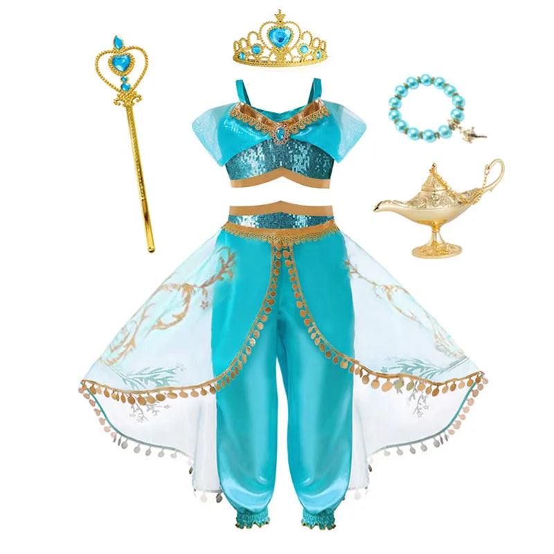 Jasmine Princess Dress for Girls Cosplay Aladdin Magic Lamp Costume Outfit Girls Halloween Kids Birthday Carnival Dance Vestidos
