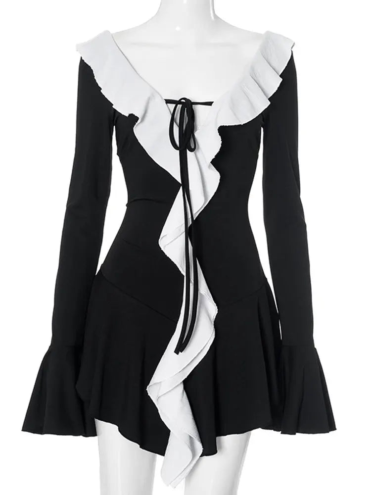 Ruffled Lace-Up White Mini Dress Women's V-Neck Patchwork Long Sleeve Sexy Slim Dress Bandage Elegant Female Summer Dress