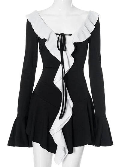 Ruffled Lace-Up White Mini Dress Women's V-Neck Patchwork Long Sleeve Sexy Slim Dress Bandage Elegant Female Summer Dress