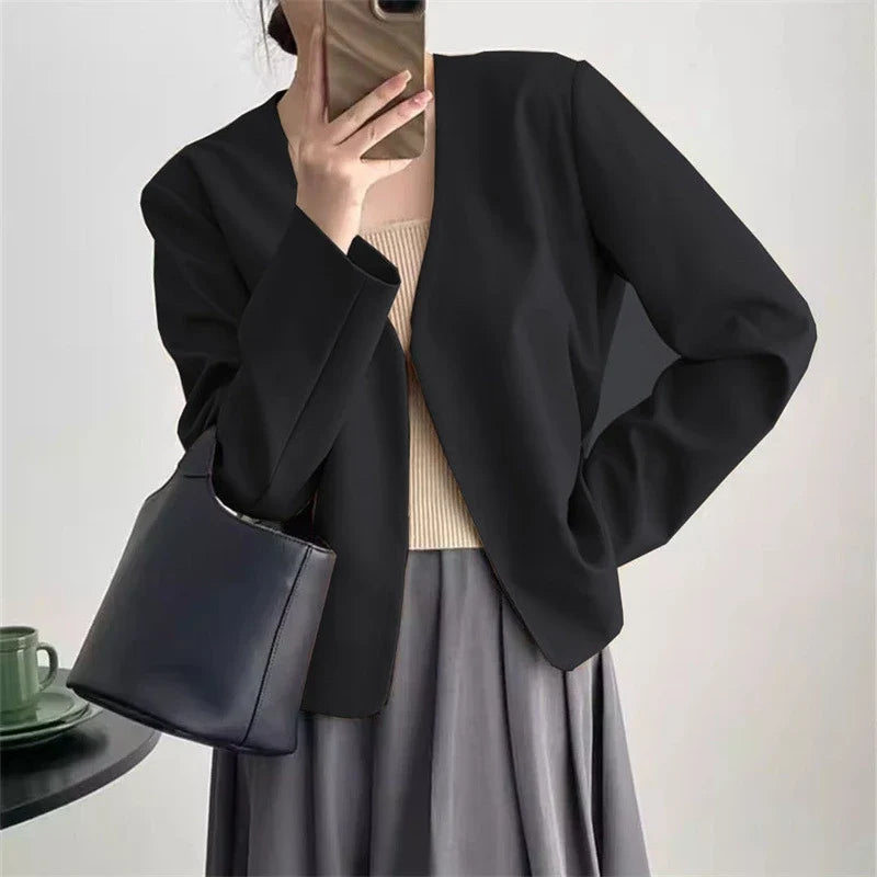 2025 Spring Autumn Fashion New Women's Suit Jackets Solid Short Coats Korean Blazers Long Sleeve Cardigan Coat Without Placket