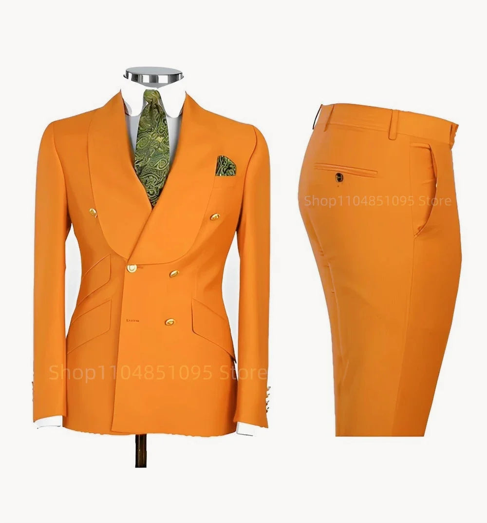 Smart Casual Solid 2 PCS Men Suits Formal Groom Tuxedos Shawl Lapel Double Breasted Jacket Pants Business/Wedding Suits Set