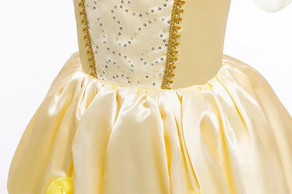 Girls Belle Cosplay Costumes Girls Dresses for Beauty Kids Party Clothing Magic Stick Crown Children Yellow Dress and The Beast