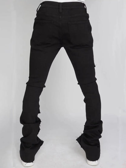 Men Jeans Long Pant Denim Flare Pants Hole Straight Trousers Slim Fit High Waist Casual Button Pocket Splice Autumn Winter