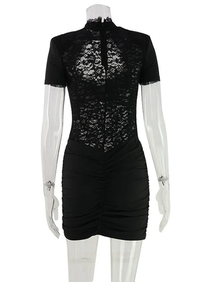 Lace Patchwork Hollow Out Women Dresses Short Sleeve Hip Wrap Sheath Trendy Hot Girl Sexy Club Outfits Female Bodycon