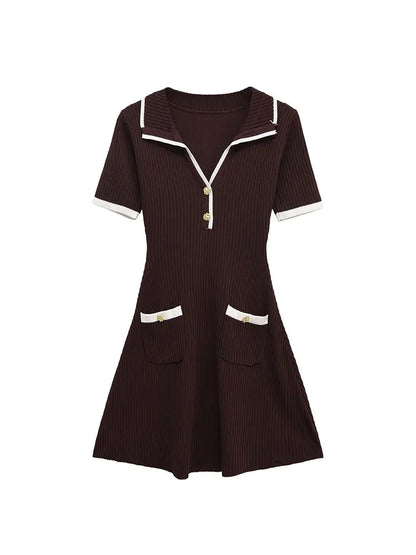 2025 Autumn  Casual Mini Dress Fashion Contrast Color Design Short Sleeve Dresses For Women Elegant Short Dress