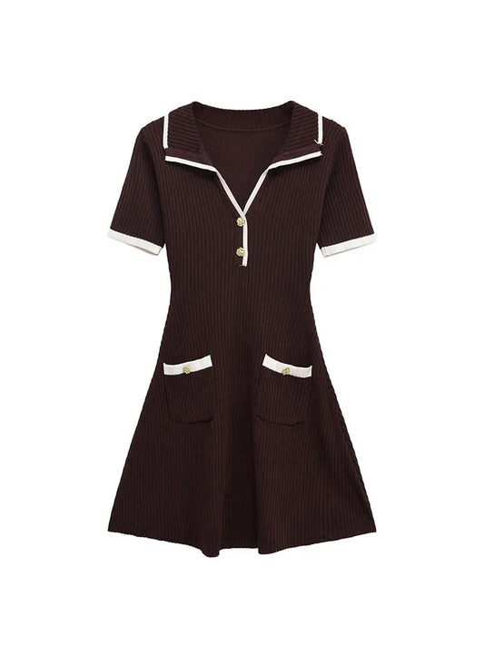 2025 Autumn  Casual Mini Dress Fashion Contrast Color Design Short Sleeve Dresses For Women Elegant Short Dress