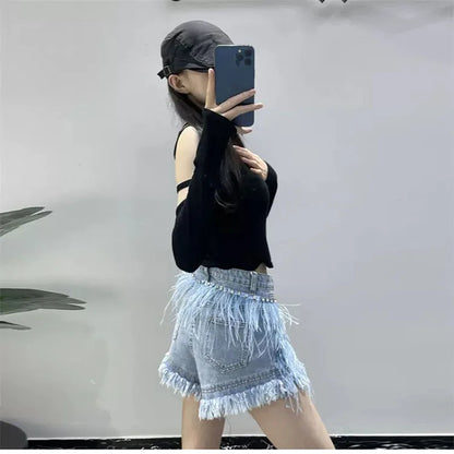 Summer Street Hot Girls Short Jeans Female Chic Feather Diamond Denim Shorts Women Retro Washed Hot Pants Sexy Night Club Shorts