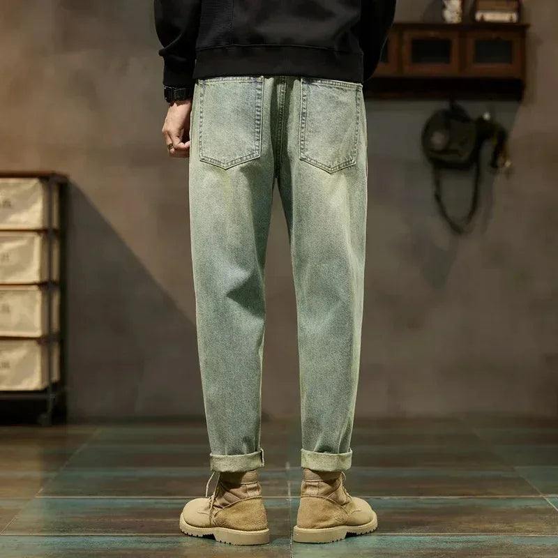 Men's Spring 2026 Loose Harem Pants Denim Retro Solid Comfortable Harajuku Straight Jeans Simple Fashion Versatile Cargo Trouser