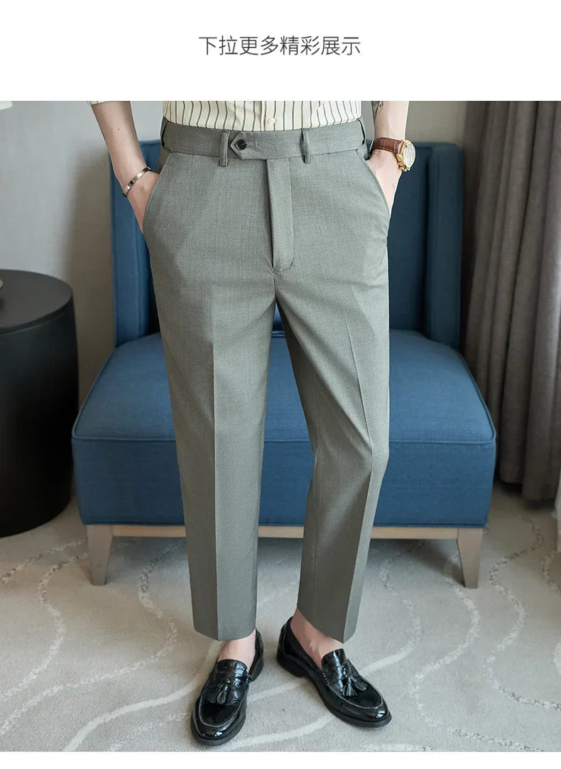 British Style Elastic Waist Men's Casual Slim Fit Trousers Summer High Quality Business Office Dress Wedding Party Suit Pants