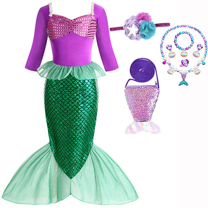 Christmas Holiday Birthday Party Mermaid Princess Same Style Girl Ariel Cosplay Long Sleeve Mermaid Dress Accessory Suit
