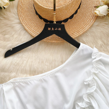 American Chic Blouse for Women Flounced Edge Skew Collar Bare Midriff Belt Skinny Shirts Summer Casual Female Tops Dropshipping