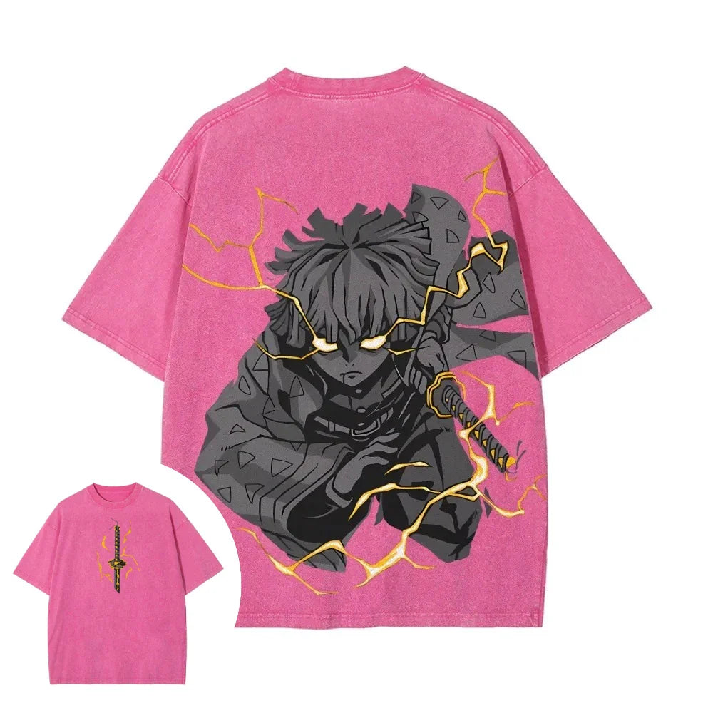 Demon Slayer Men's Women's Washed T-Shirt Zenitsu Agatsuma Summer Spring Anime Tee Retro Distressed High Quality Short Sleeve