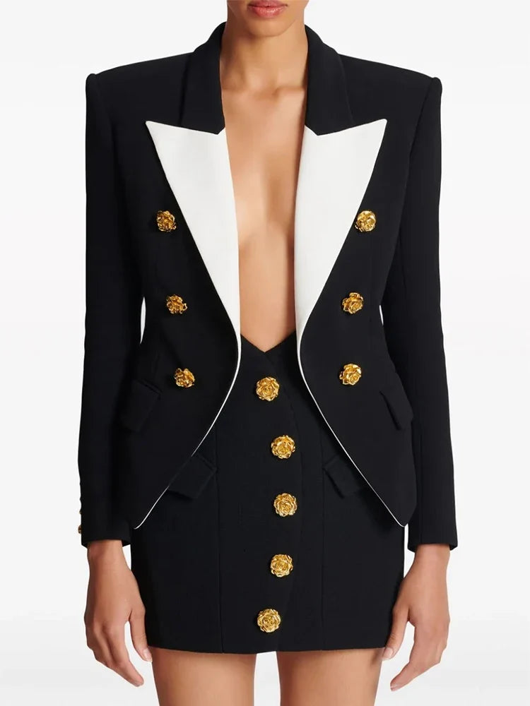 HIGH STREET Newest Fashion 2026 Designer Jacket Women's Slim Fitting Rose Metal Buttons Color Block Blazer