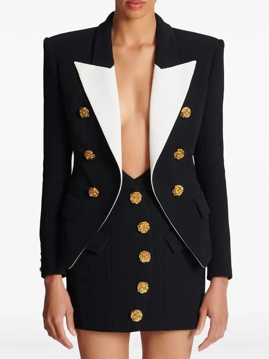 HIGH STREET Newest Fashion 2026 Designer Jacket Women's Slim Fitting Rose Metal Buttons Color Block Blazer