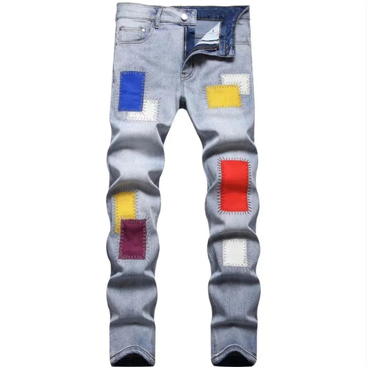 Men's Embroidered Jeans Rainbow Square Cloth Pure Cotton Stretch Slim Pants Scraped White Wearable High Street Color Patch 2025
