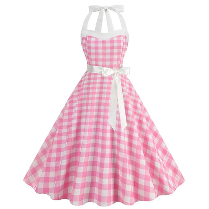 Women Summer Party Dress With Belt Polka Dot Print Halter Hepburn Robe 50s 60s Vintage Dresses