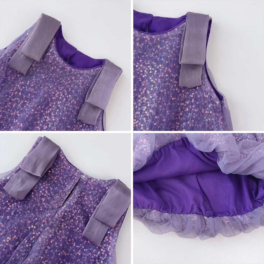 Summer New Girls' Sequined Lace Bow Bubble Princess Dress Korean Version Fashionable Solid Color Kids Clothes 2-7 Years Old