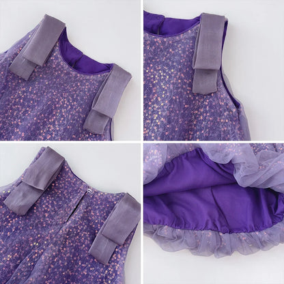 Summer New Girls' Sequined Lace Bow Bubble Princess Dress Korean Version Fashionable Solid Color Kids Clothes 2-7 Years Old