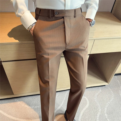 Spring Autumn New Elastic Waist Casual Trousers Male High Waist Dark Striped Slim Fit Pants Men Business Formal Casual Suit Pant