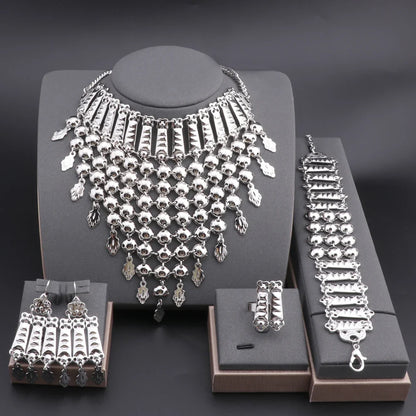 New Tassels Silver Plated Necklace Earrings Bracelet Ring Set for Women Bridal Chains Ethinc Wedding Jewelry Bride Gifts