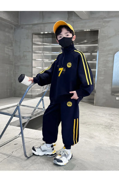 SpringAutumn Boys Cotton Half Zip Pullover Sweatshirt+Sweatpant Work Set School Kid 2PCS Tracksuit Children Jogger Outfit 5-16Yr