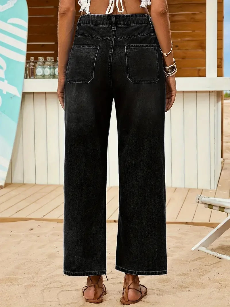Women's Casual Loose Stretch Denim Pants Front Button Comfortable Washed Nine-Inch Long Trousers