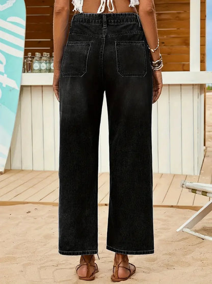 Women's Casual Loose Stretch Denim Pants Front Button Comfortable Washed Nine-Inch Long Trousers