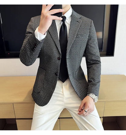 British Style Plaid Suit Jacket For Men 2025 New Business Casual Slim Blazer Formal Wedding Party Suit Dress Coats Men Clothing