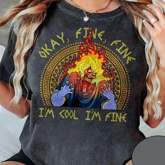 Retro Hercules Villains Hades Meme T-Shirt Okay Fine I'm Fine Graphic Tee Flamingo Design Casual Summer Women'S Fashion Tee