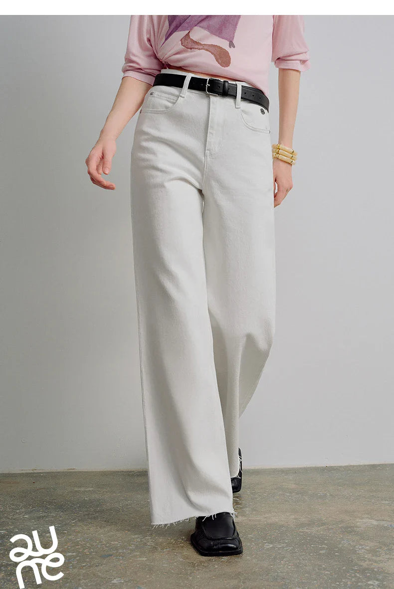 Women Jeans 2026 Spring New Black Label Lycra Stretchy White Frayed Cuff Loose Wide-Leg Pants