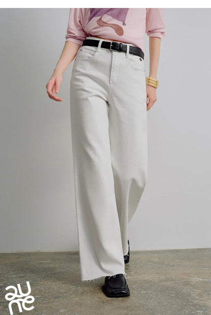 Women Jeans 2026 Spring New Black Label Lycra Stretchy White Frayed Cuff Loose Wide-Leg Pants