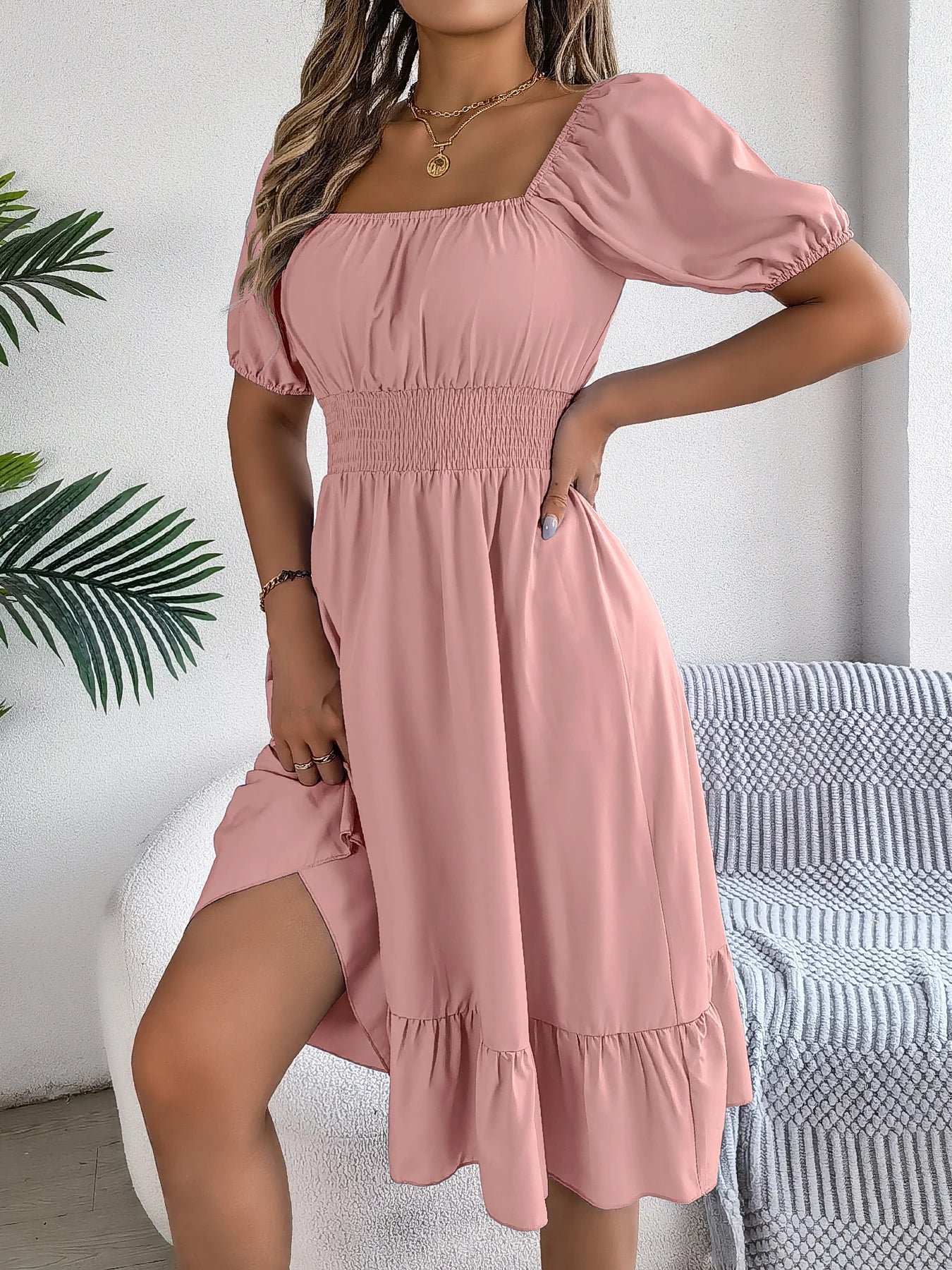 Spring Summer Elegant High Waisted Dress Square Neck Short Sleeved Ruffled Edge Long Dresses 2026 Valentine's Day Woman Clothing