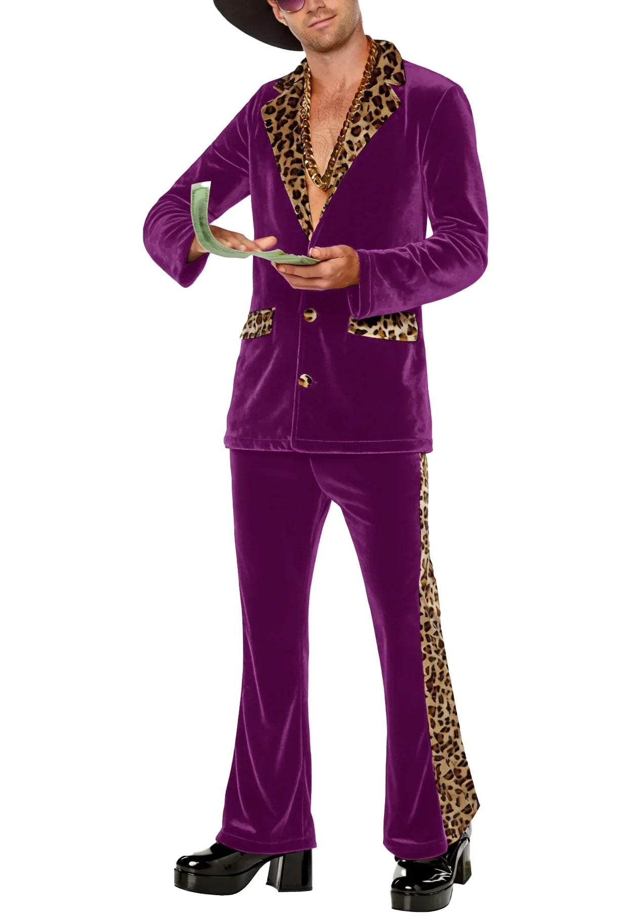 Luxury Men's Velvet Suit Notch Lapel Jacket Leopard Print Patchwork Trim Wide Leg Flare Trousers Tuxedo Cosplay Prom Event