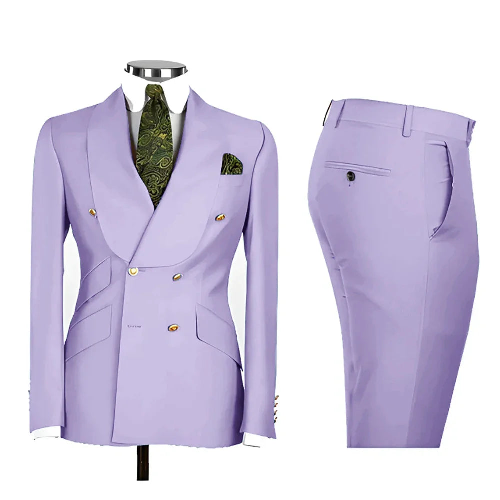 Lvory Shawl Lapel 2 Piece Suit Double Breasted Men's Jacket Pants with Gold Buttons Formal Wedding Groom Attire Prom Tuxedos