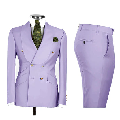 Lvory Shawl Lapel 2 Piece Suit Double Breasted Men's Jacket Pants with Gold Buttons Formal Wedding Groom Attire Prom Tuxedos