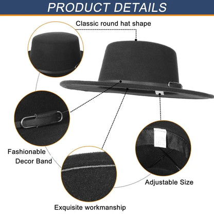 Elegant Wide Brim Fedora Hat for Women Men Flat Top Boater Hat Belt Buckle Fedoras Church Panama Hats